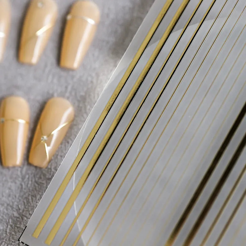 Gold Silver Stripes Nail Art Stickers Metal Color Lines Embossed Adhesive Sticker Decals 