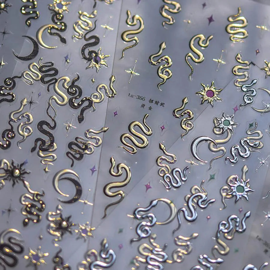 Gold Snake Nail Art Stickers Adhesive Embossed Metal Silver Snake Sticker Decals TA365