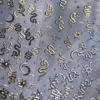 Gold Snake Nail Art Stickers Adhesive Embossed Metal Silver Snake Sticker Decals TA365