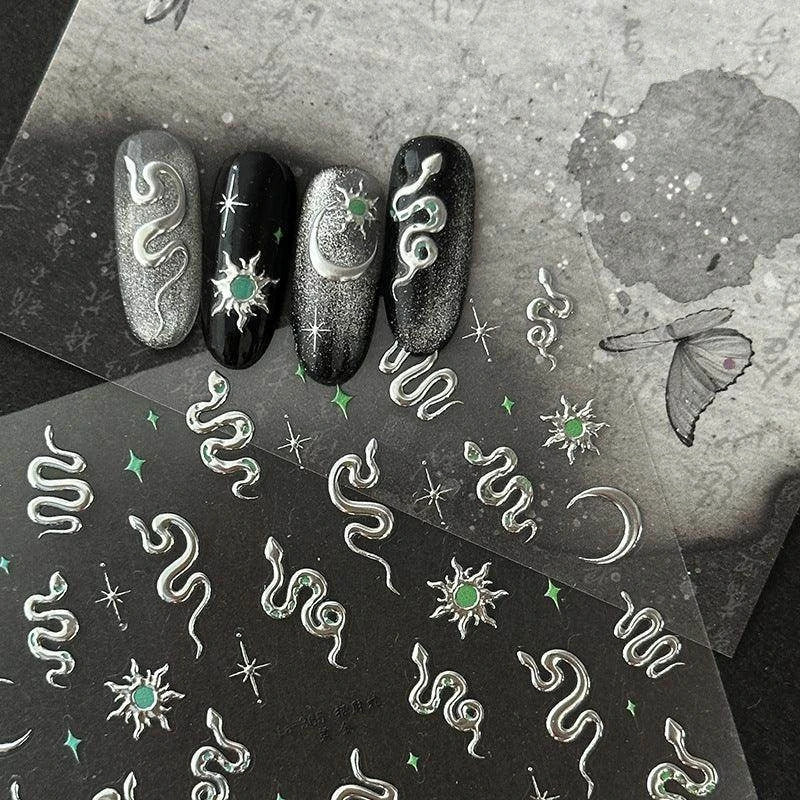 Gold Snake Nail Art Stickers Adhesive Embossed Metal Silver Snake Sticker Decals TA365