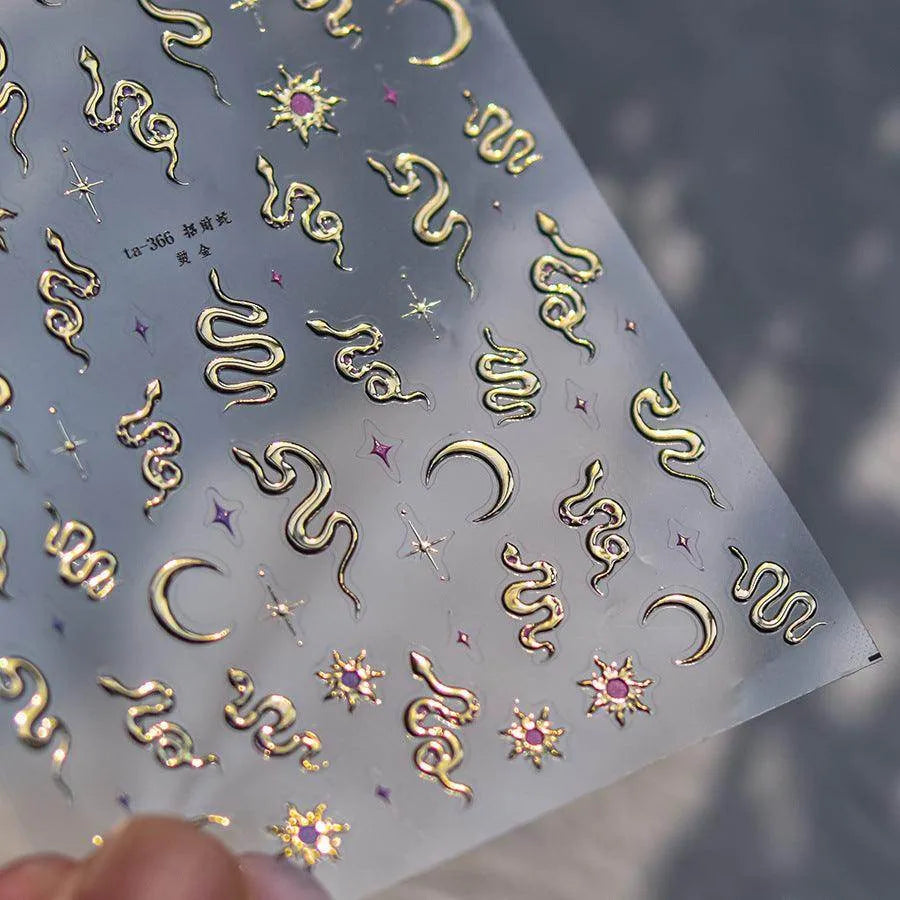 Gold Snake Nail Art Stickers Adhesive Embossed Metal Silver Snake Sticker Decals TA365