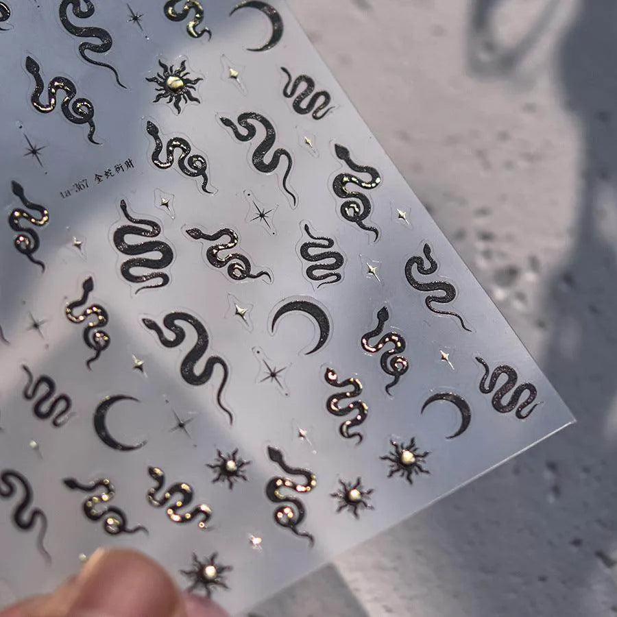 Gold Snake Nail Art Stickers Adhesive Embossed Metal Silver Snake Sticker Decals TA365