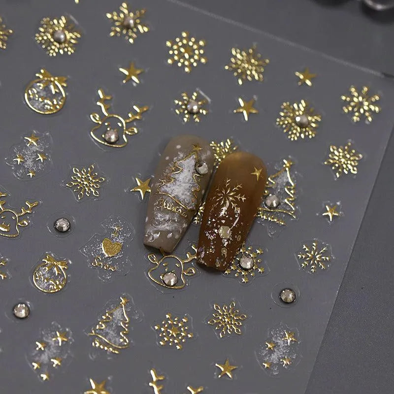 Gold Snowflake Nail Art Stickers Adhesive Slider Golden Xmas with Beads Sticker Decals TL107