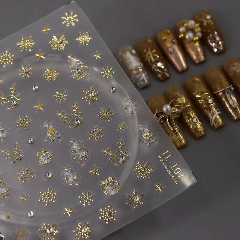Gold Snowflake Nail Art Stickers Adhesive Slider Golden Xmas with Beads Sticker Decals TL107
