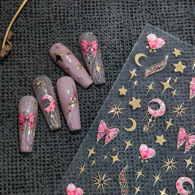 Gold Star Moon Nail Art Stickers Adhesive Slider Butterfly Embossed Sticker Decals M050