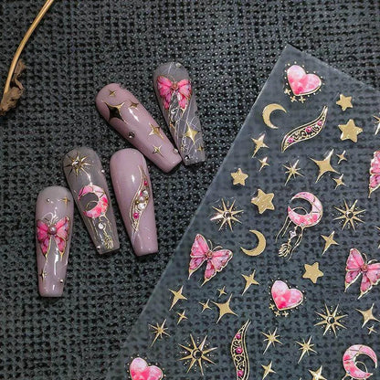 Gold Star Moon Nail Art Stickers Adhesive Slider Butterfly Embossed Sticker Decals M050