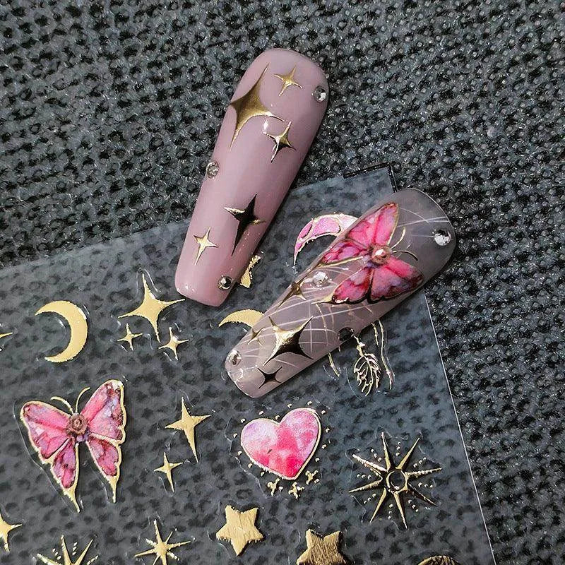 Gold Star Moon Nail Art Stickers Adhesive Slider Butterfly Embossed Sticker Decals M050