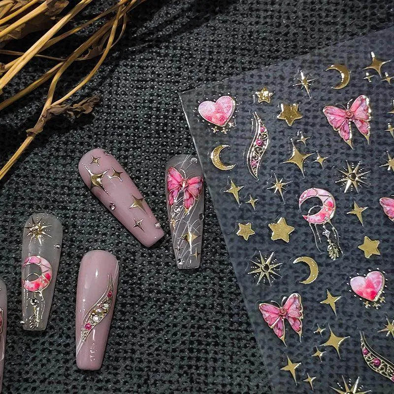 Gold Star Moon Nail Art Stickers Adhesive Slider Butterfly Embossed Sticker Decals M050