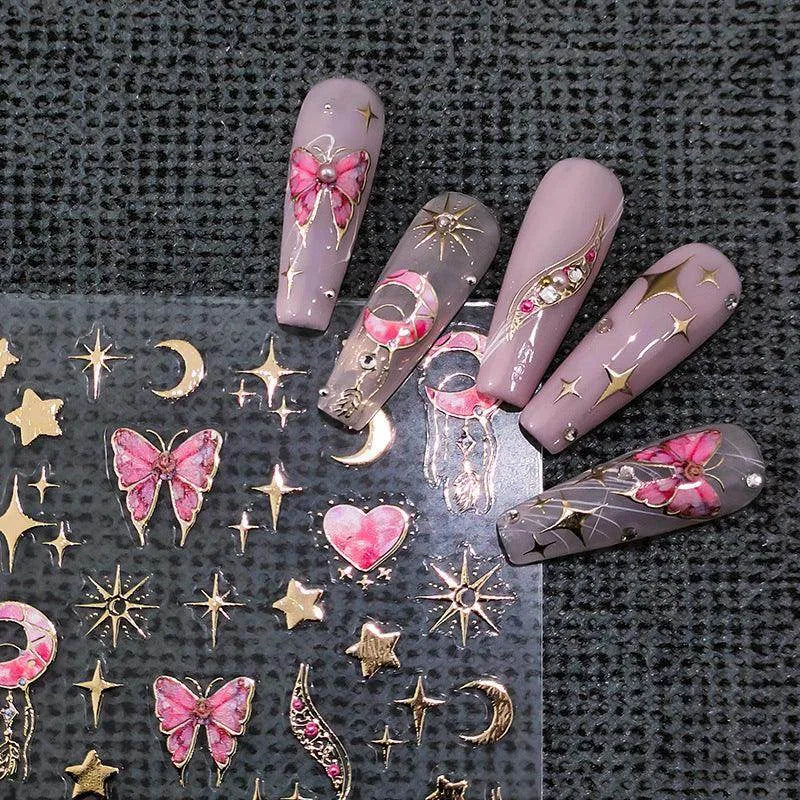 Gold Star Moon Nail Art Stickers Adhesive Slider Butterfly Embossed Sticker Decals M050