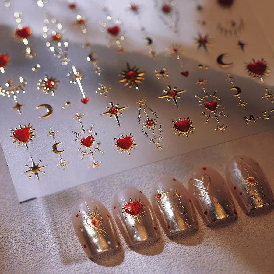 Gold Star Moon Nail Art Stickers Embossed Adhesive Galaxy with Red Hearts Sticker Decals M527