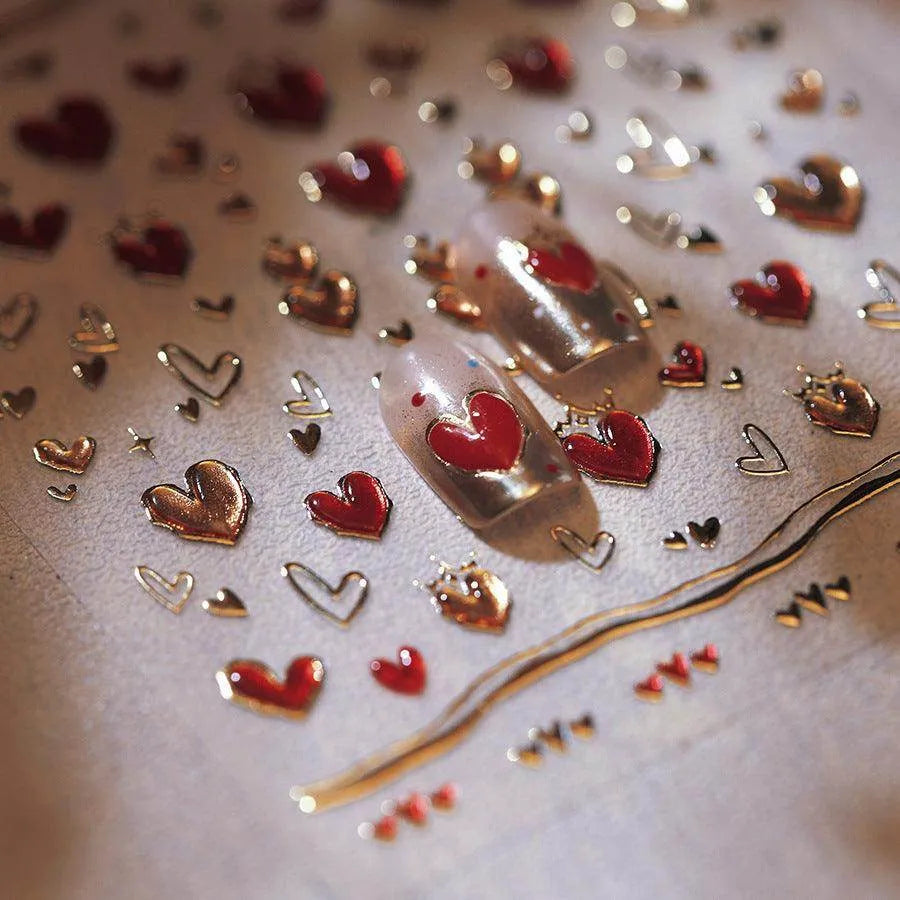 Gold Star Moon Nail Art Stickers Embossed Adhesive Galaxy with Red Hearts Sticker Decals M527
