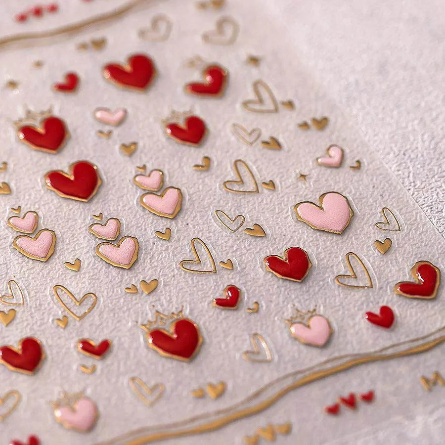 Gold Star Moon Nail Art Stickers Embossed Adhesive Galaxy with Red Hearts Sticker Decals M527