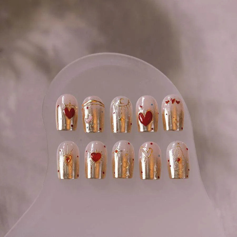 Gold Star Moon Nail Art Stickers Embossed Adhesive Galaxy with Red Hearts Sticker Decals M527