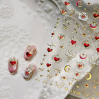 Gold Star Moon Nail Art Stickers Galaxy with Red Hearts Embossed Decals M527