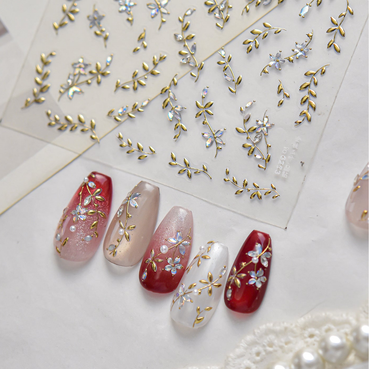 Gold Vine & Aurora Floral Nail Stickers | Iridescent Botanical Decals 6253