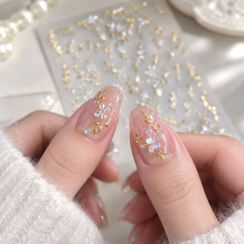 Gold Vine & Aurora Floral Nail Stickers | Iridescent Botanical Decals 6253