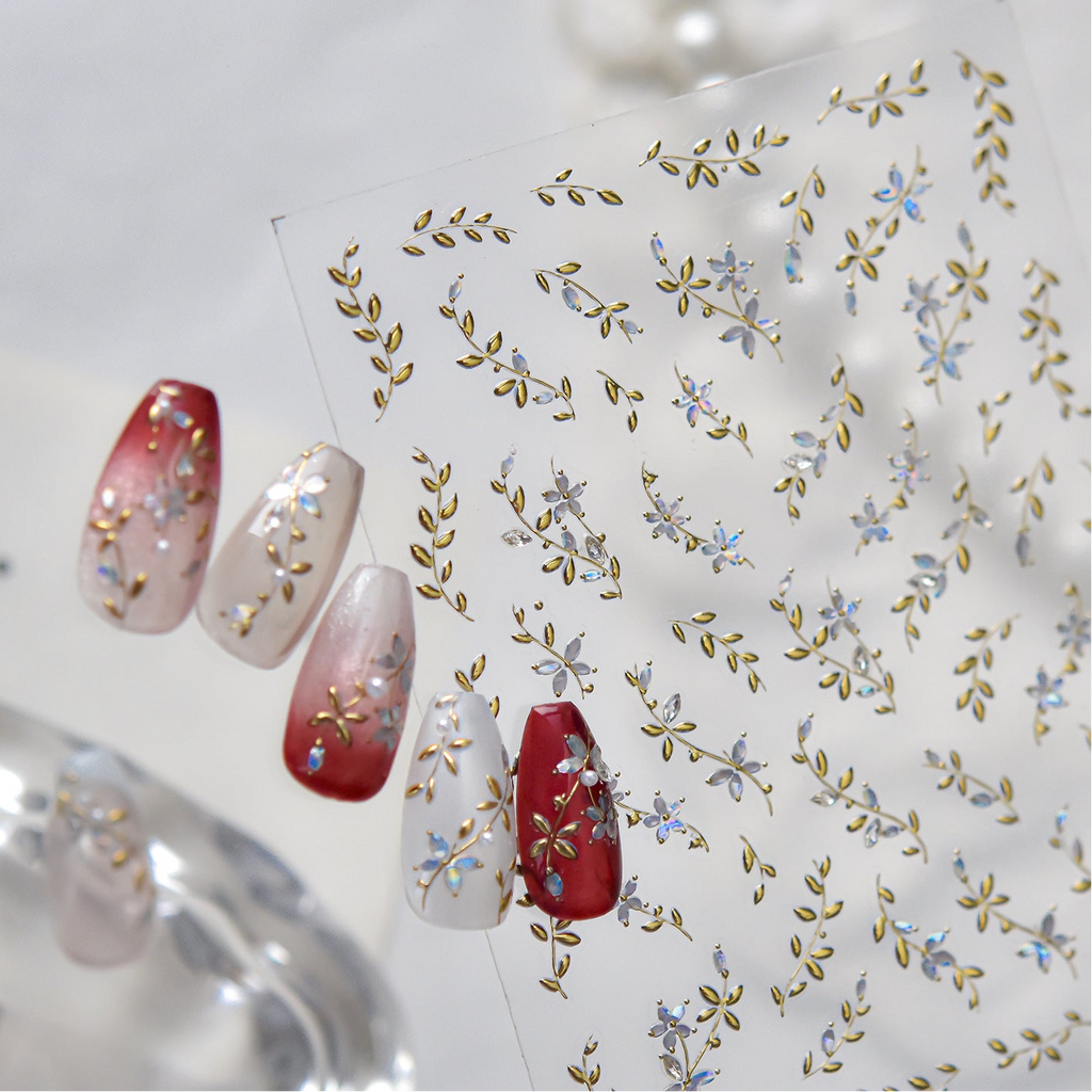 Gold Vine & Aurora Floral Nail Stickers | Iridescent Botanical Decals 6253
