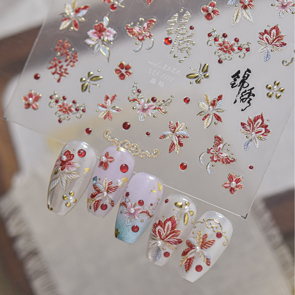 Gold Vine & Aurora Floral Nail Stickers | Iridescent Botanical Decals 6253