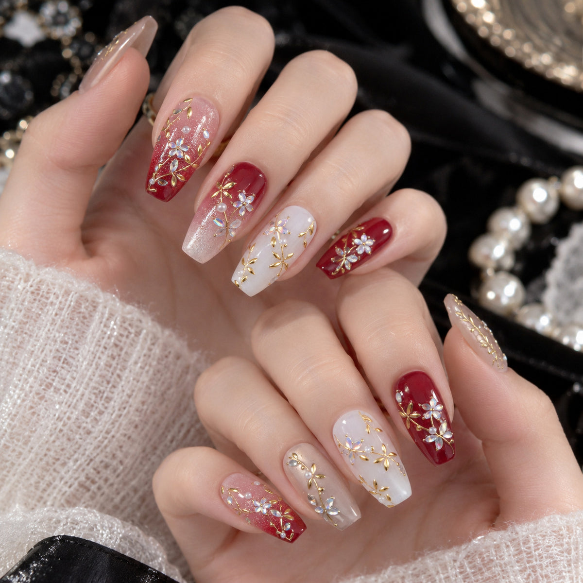 Gold Vine & Aurora Floral Nail Stickers | Iridescent Botanical Decals 6253