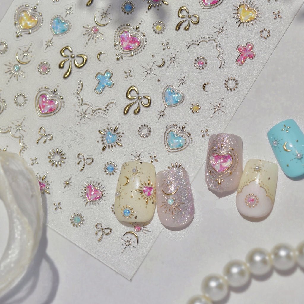Gold Vintage Bow & Heart Jelly Nail Stickers - Baroque Jewelry Decals