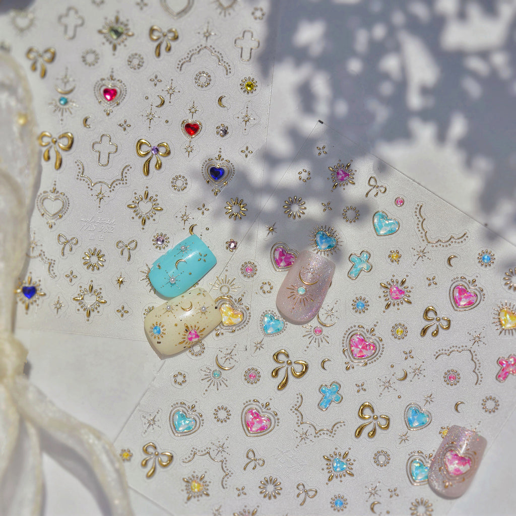 Gold Vintage Bow & Heart Jelly Nail Stickers - Baroque Jewelry Decals
