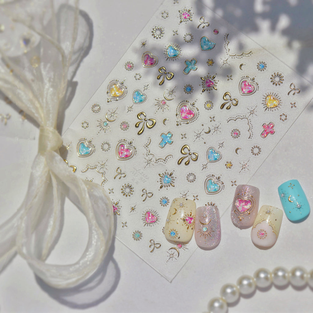 Gold Vintage Bow & Heart Jelly Nail Stickers - Baroque Jewelry Decals