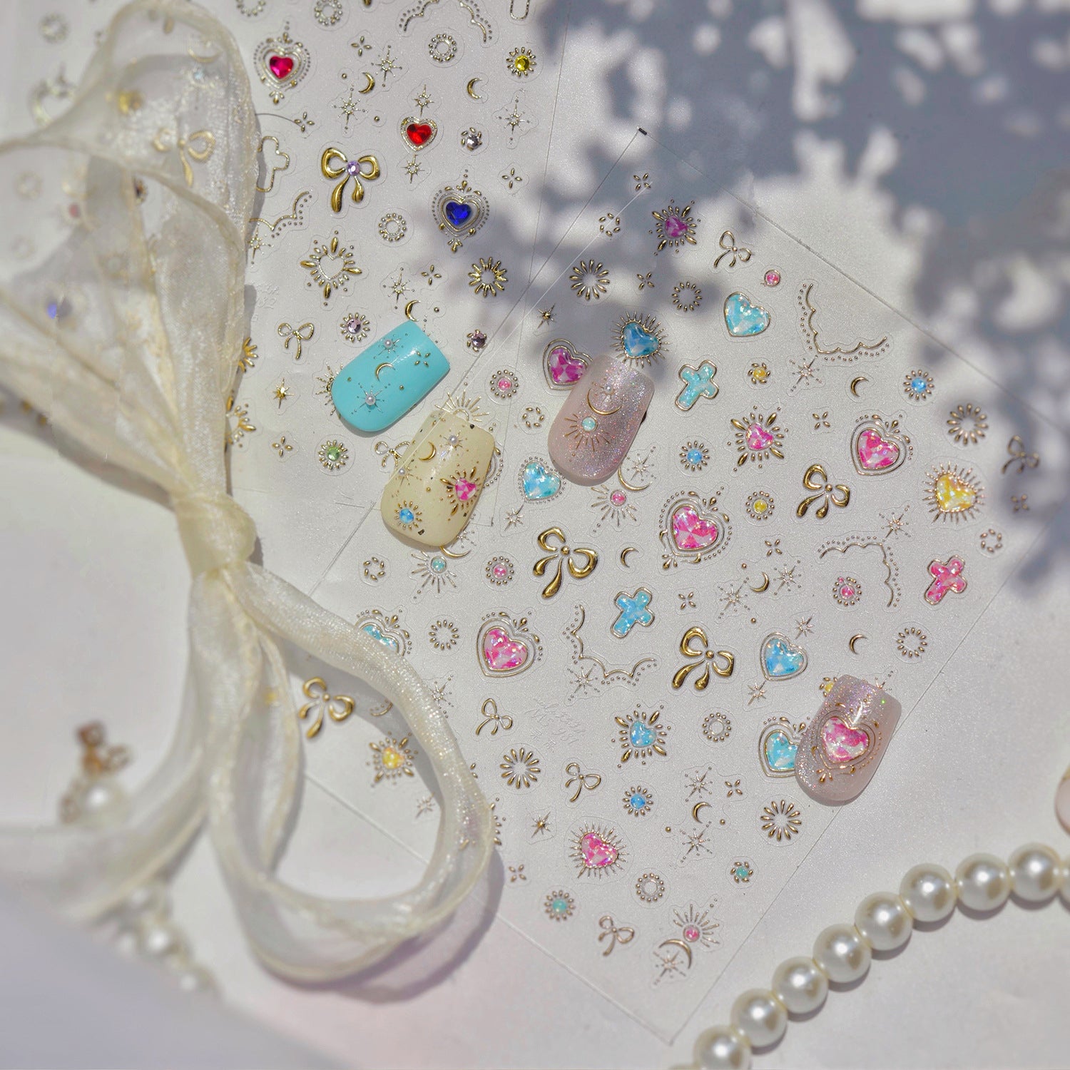 Gold Vintage Bow & Heart Jelly Nail Stickers - Baroque Jewelry Decals