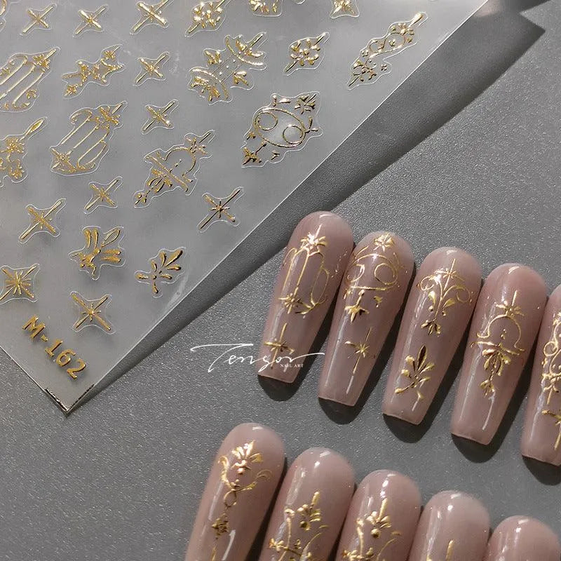 Gold Vintage Floral Nail Art Stickers Metal Color Damask 3D Adhesive Sticker Decals M162