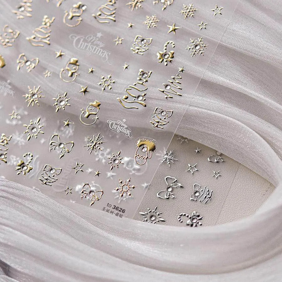 Golden Christmas Tree Nail Art Stickers Adhesive Embossed Winter Snowflake Sticker Decals to3626