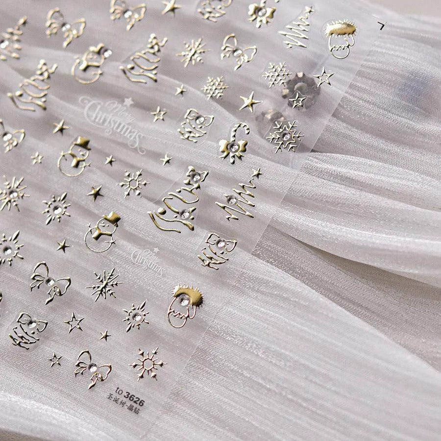 Golden Christmas Tree Nail Art Stickers Adhesive Embossed Winter Snowflake Sticker Decals to3626