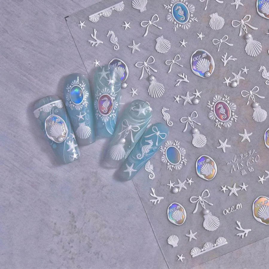 Golden Seahorse Nail Art Stickers Metal Shell Starfish Adhesive Embossed Sticker Decals 