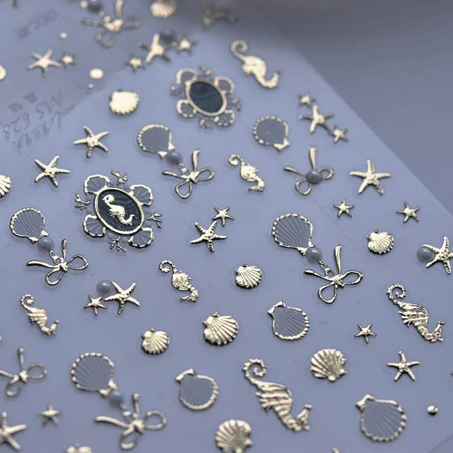 Golden Seahorse Nail Art Stickers Metal Shell Starfish Adhesive Embossed Sticker Decals 