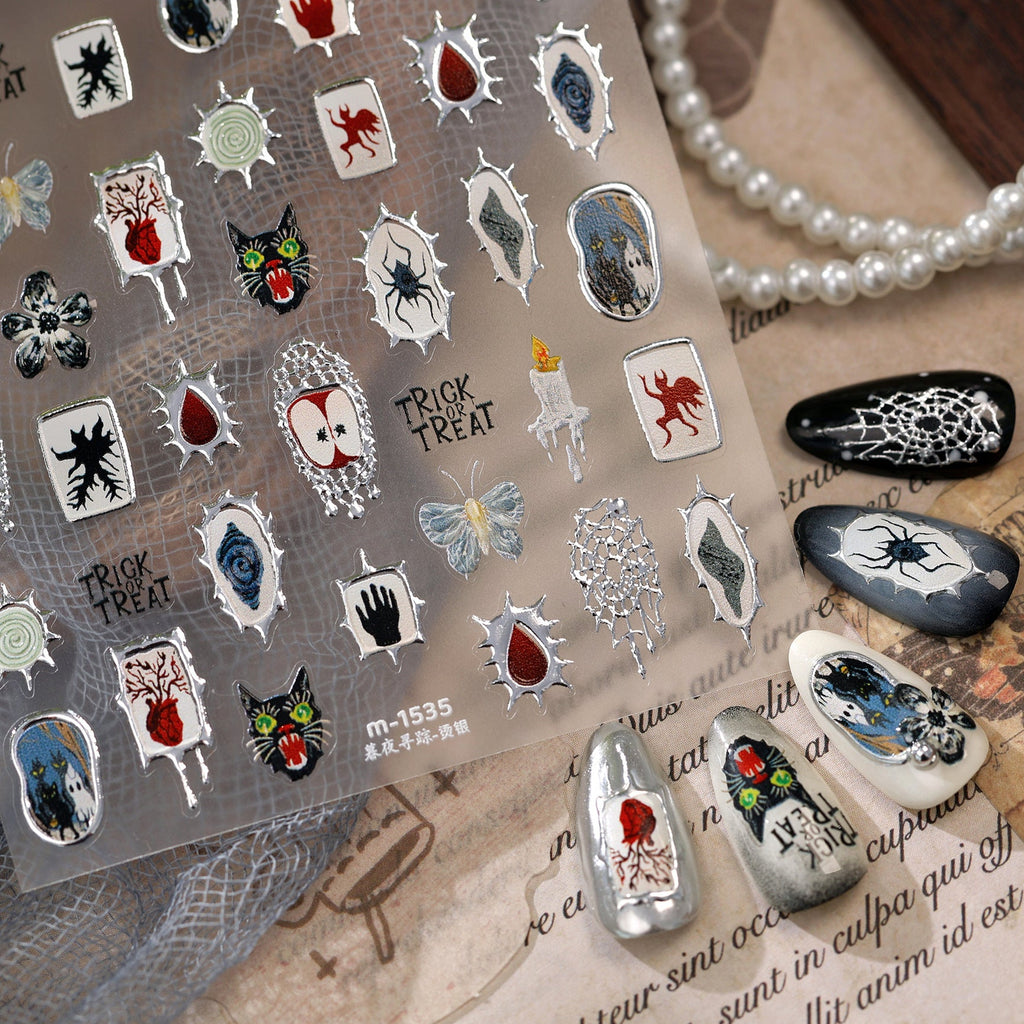 Goth Cross Evil Eye Nail Stickers - Halloween Ghost Spiderweb Decals