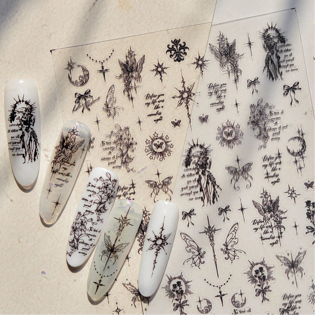 Gothic Angel & Butterfly Fine Line Nail Stickers