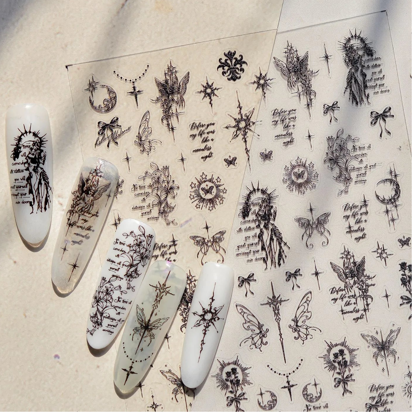 Gothic Angel & Butterfly Fine Line Nail Stickers