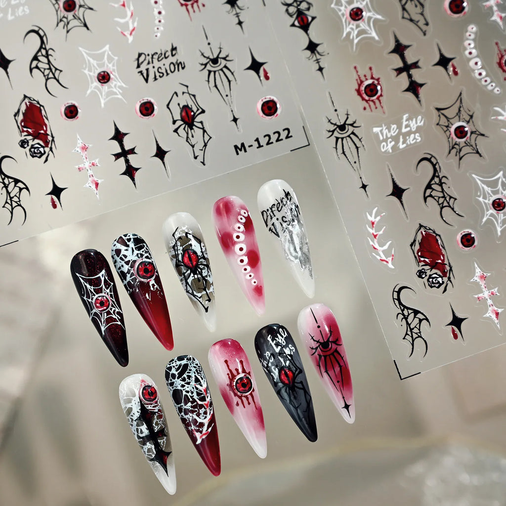 Gothic Evil Eye 3D Chrome Nail Stickers | Spooky Spider Cross Decals For Halloween M1222