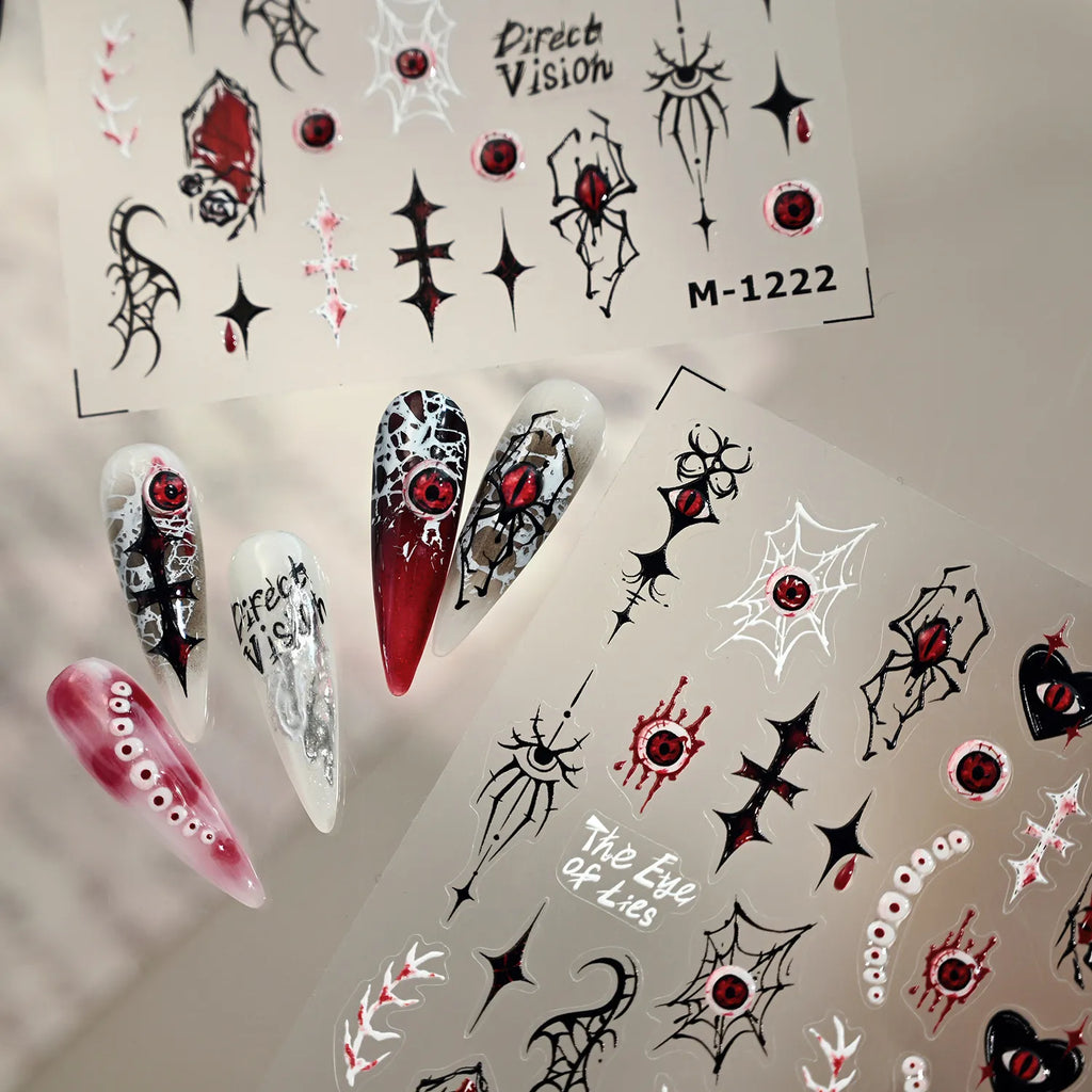 Gothic Evil Eye 3D Chrome Nail Stickers | Spooky Spider Cross Decals For Halloween M1222