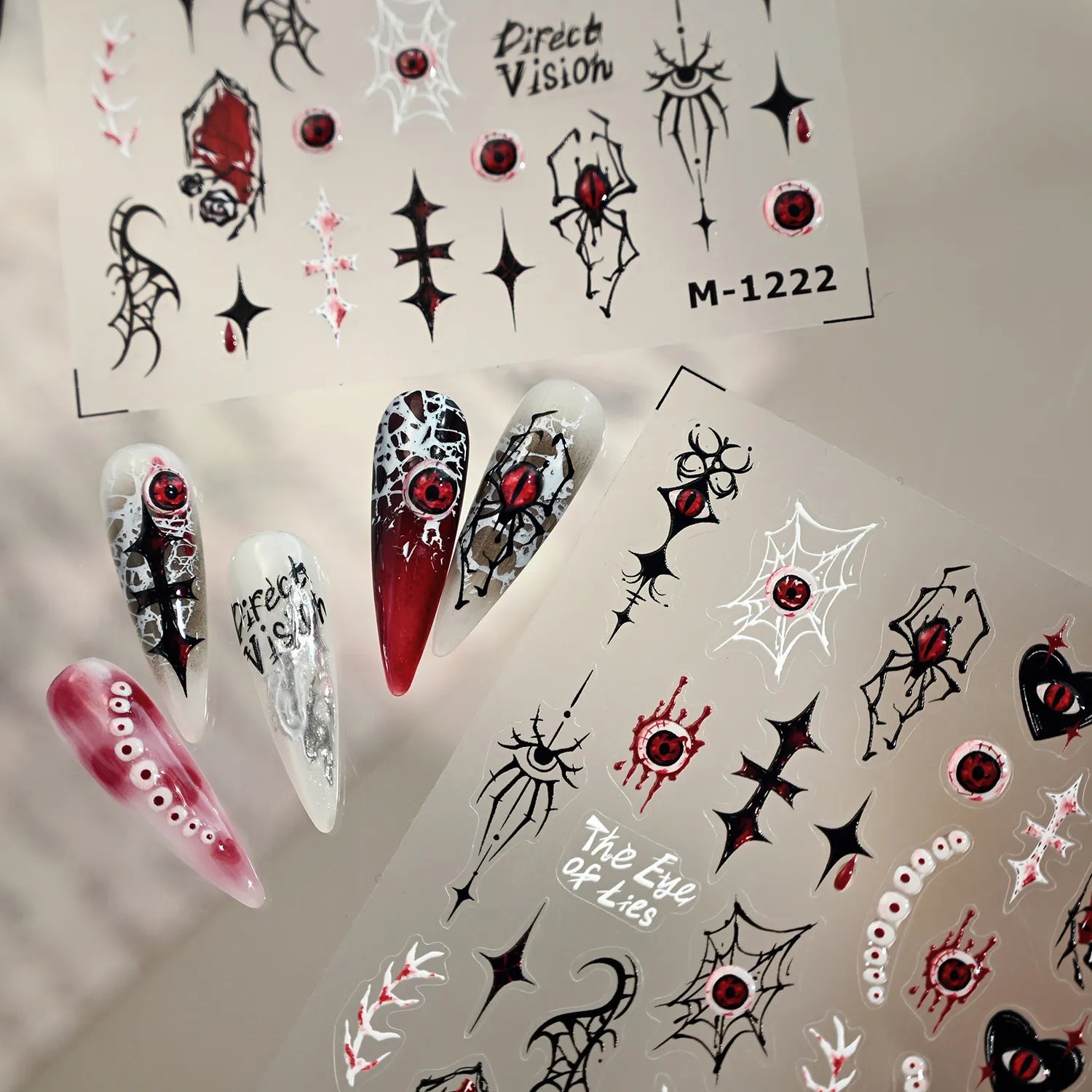 Gothic Evil Eye 3D Chrome Nail Stickers | Spooky Spider Cross Decals For Halloween M1222