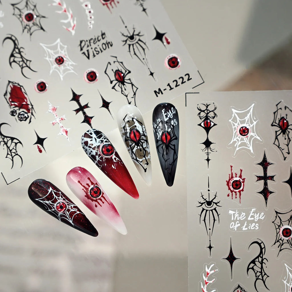 Gothic Evil Eye 3D Chrome Nail Stickers | Spooky Spider Cross Decals For Halloween M1222