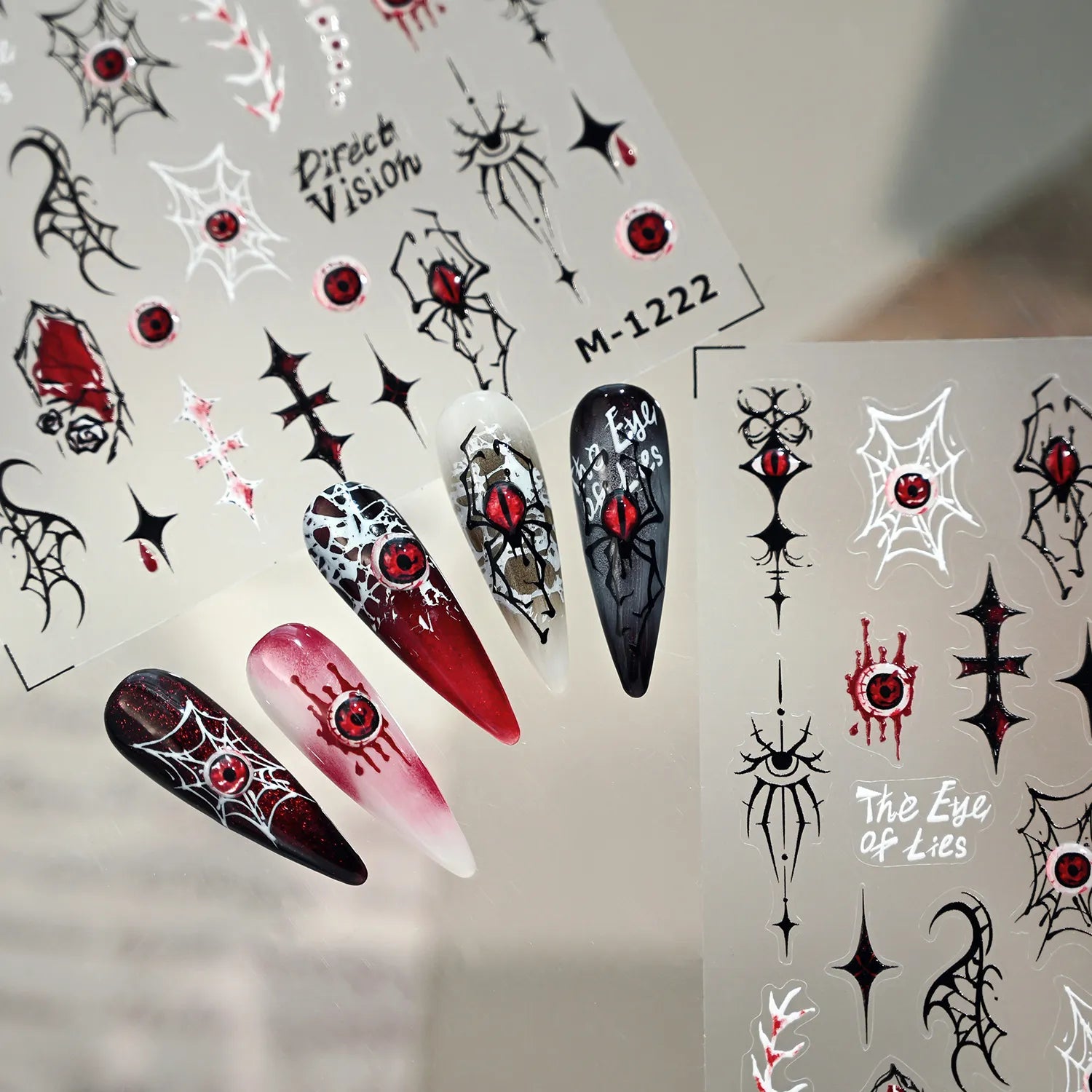 Gothic Evil Eye 3D Chrome Nail Stickers | Spooky Spider Cross Decals For Halloween M1222