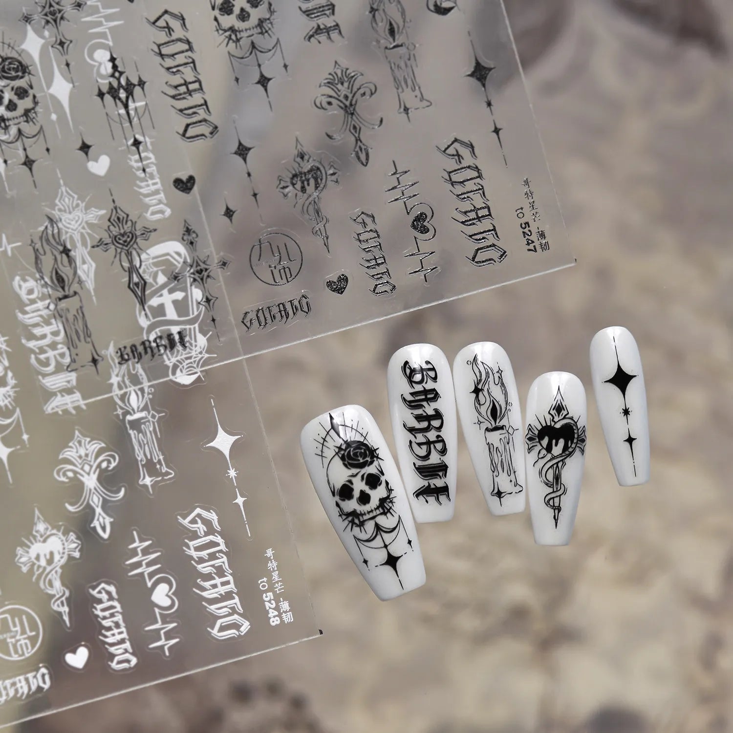 Gothic Halloween Nail Art Stickers - Edgy Skull, Cross & Old English Font Decals