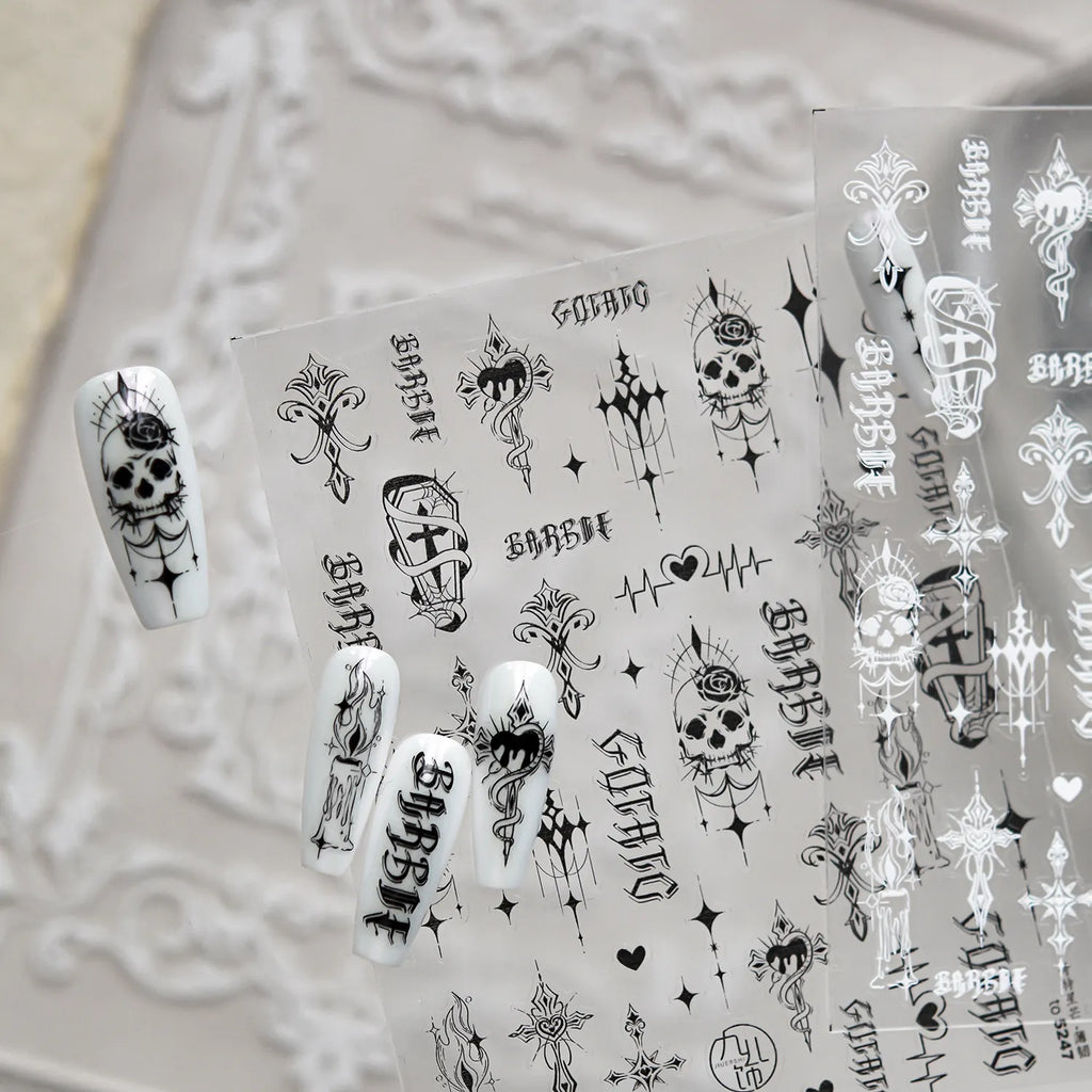 Gothic Halloween Nail Art Stickers - Edgy Skull, Cross & Old English Font Decals