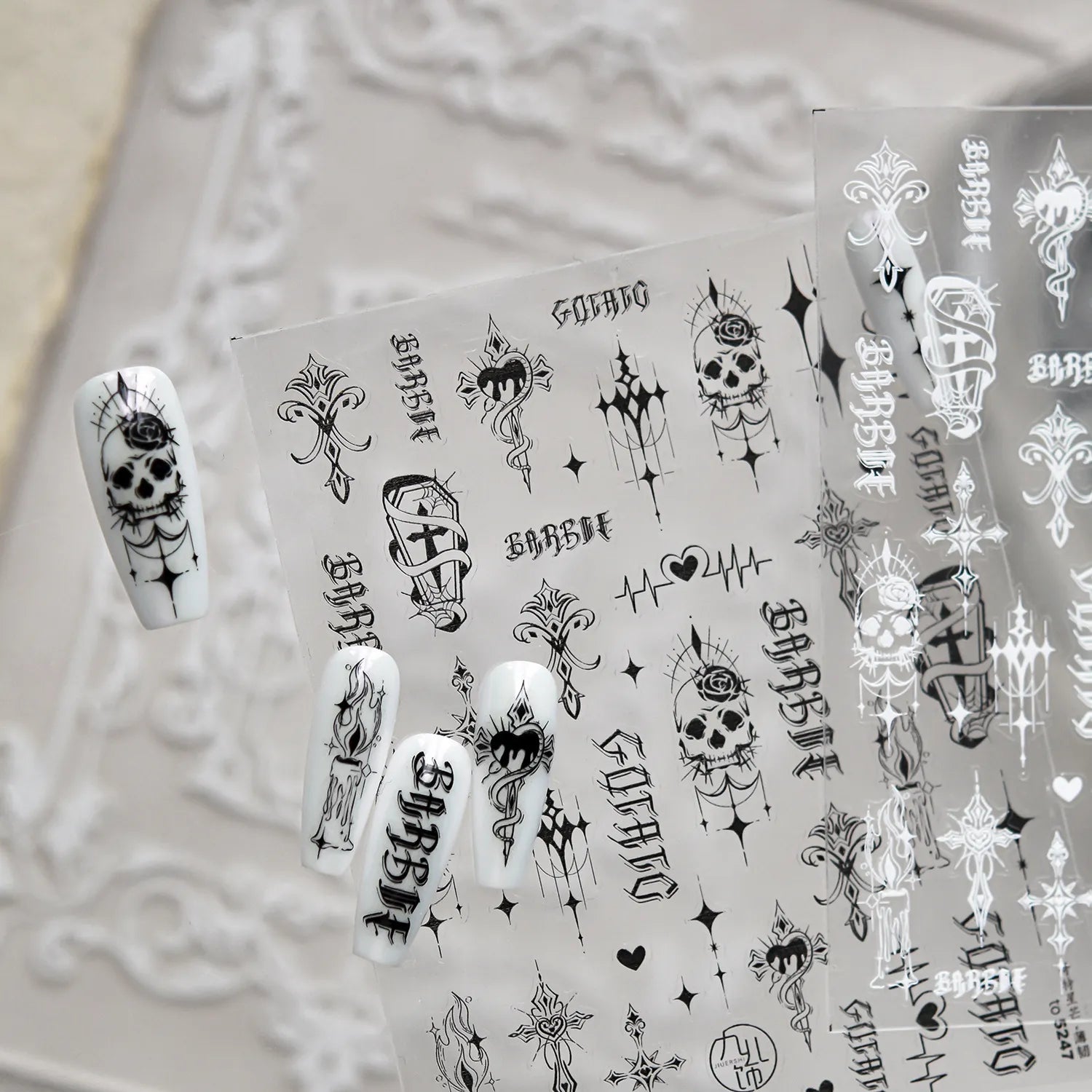 Gothic Halloween Nail Art Stickers - Edgy Skull, Cross & Old English Font Decals