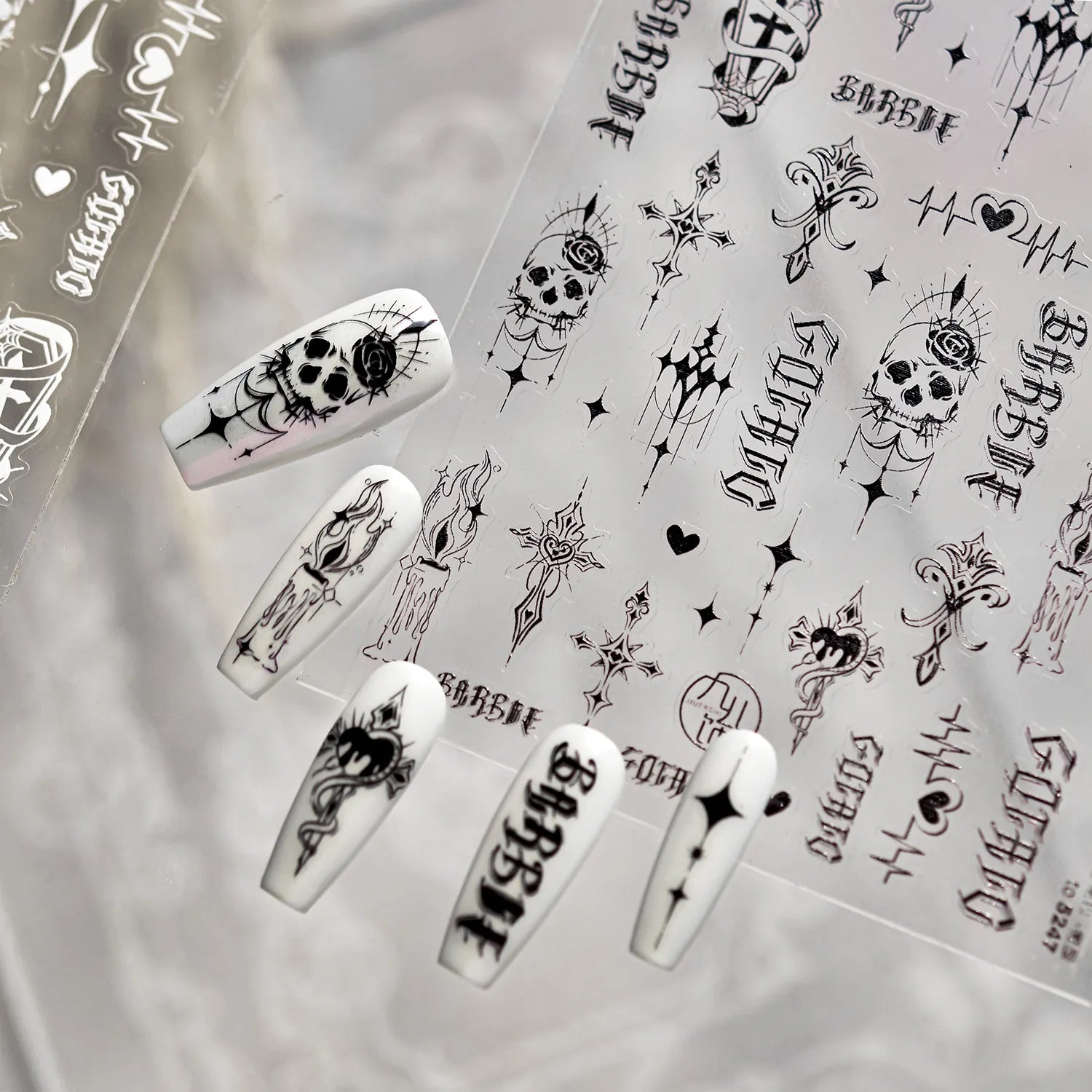Gothic Halloween Nail Art Stickers - Edgy Skull, Cross & Old English Font Decals