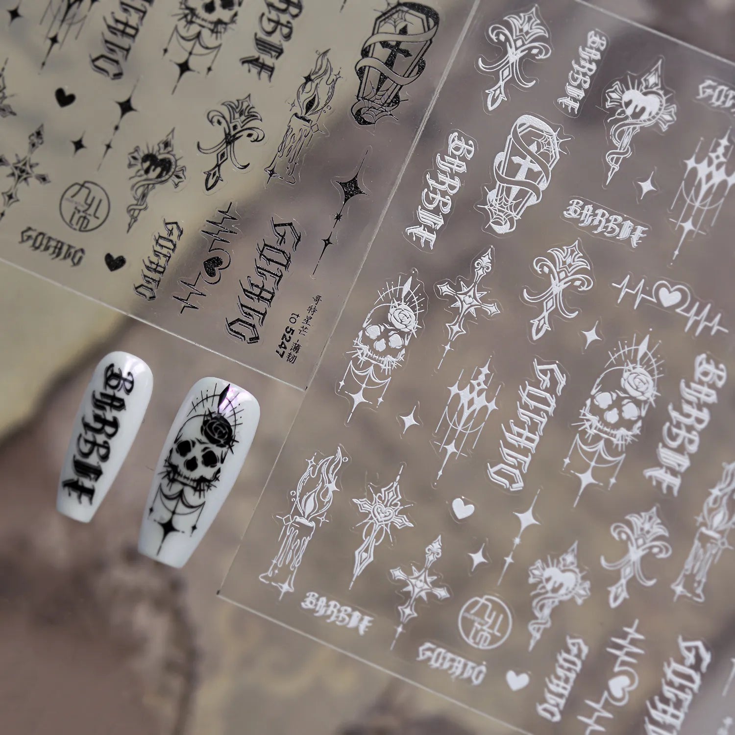 Gothic Halloween Nail Art Stickers - Edgy Skull, Cross & Old English Font Decals