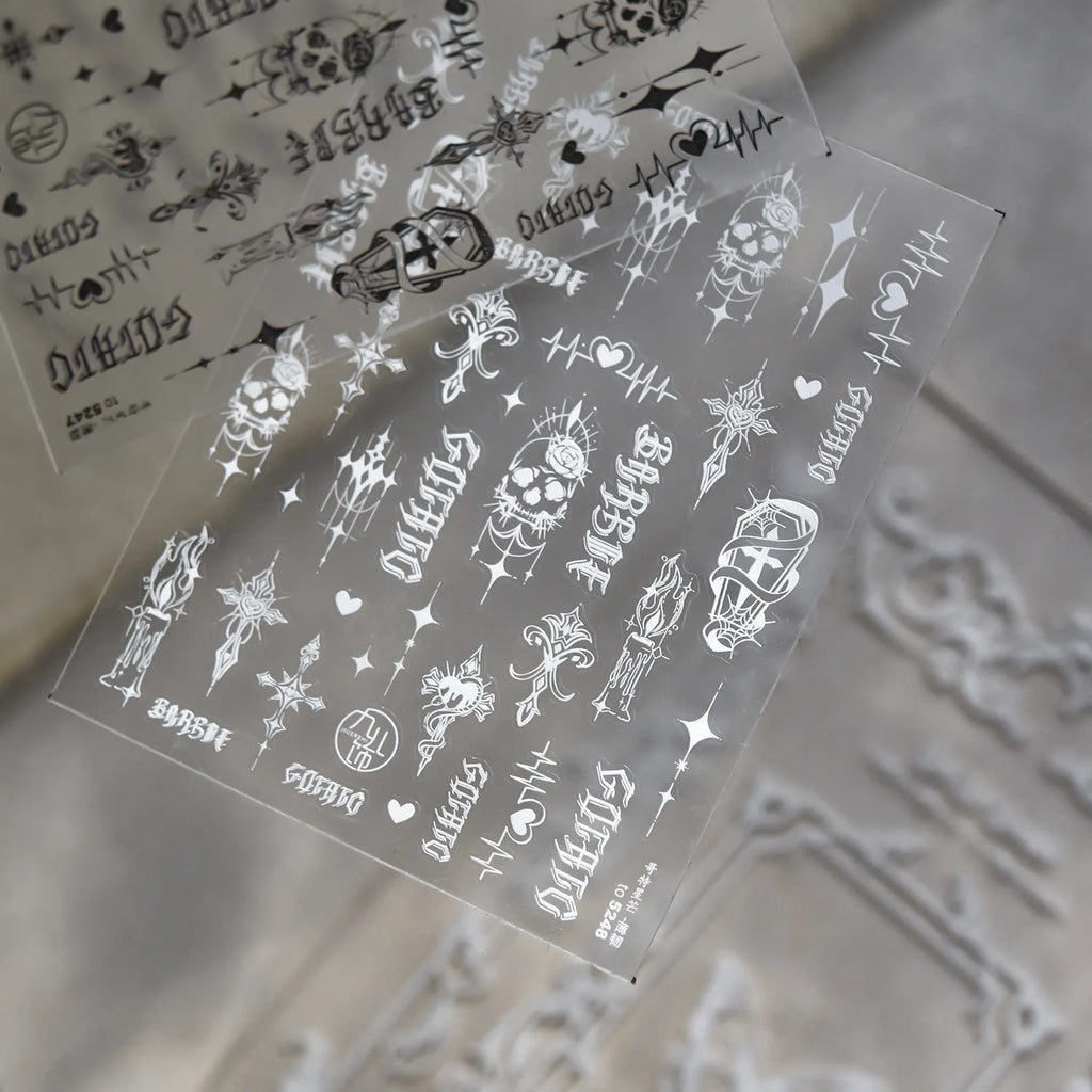 Gothic Halloween Nail Art Stickers - Edgy Skull, Cross & Old English Font Decals