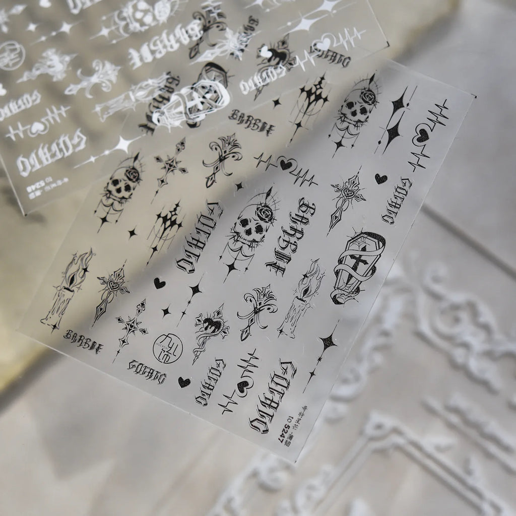 Gothic Halloween Nail Art Stickers - Edgy Skull, Cross & Old English Font Decals