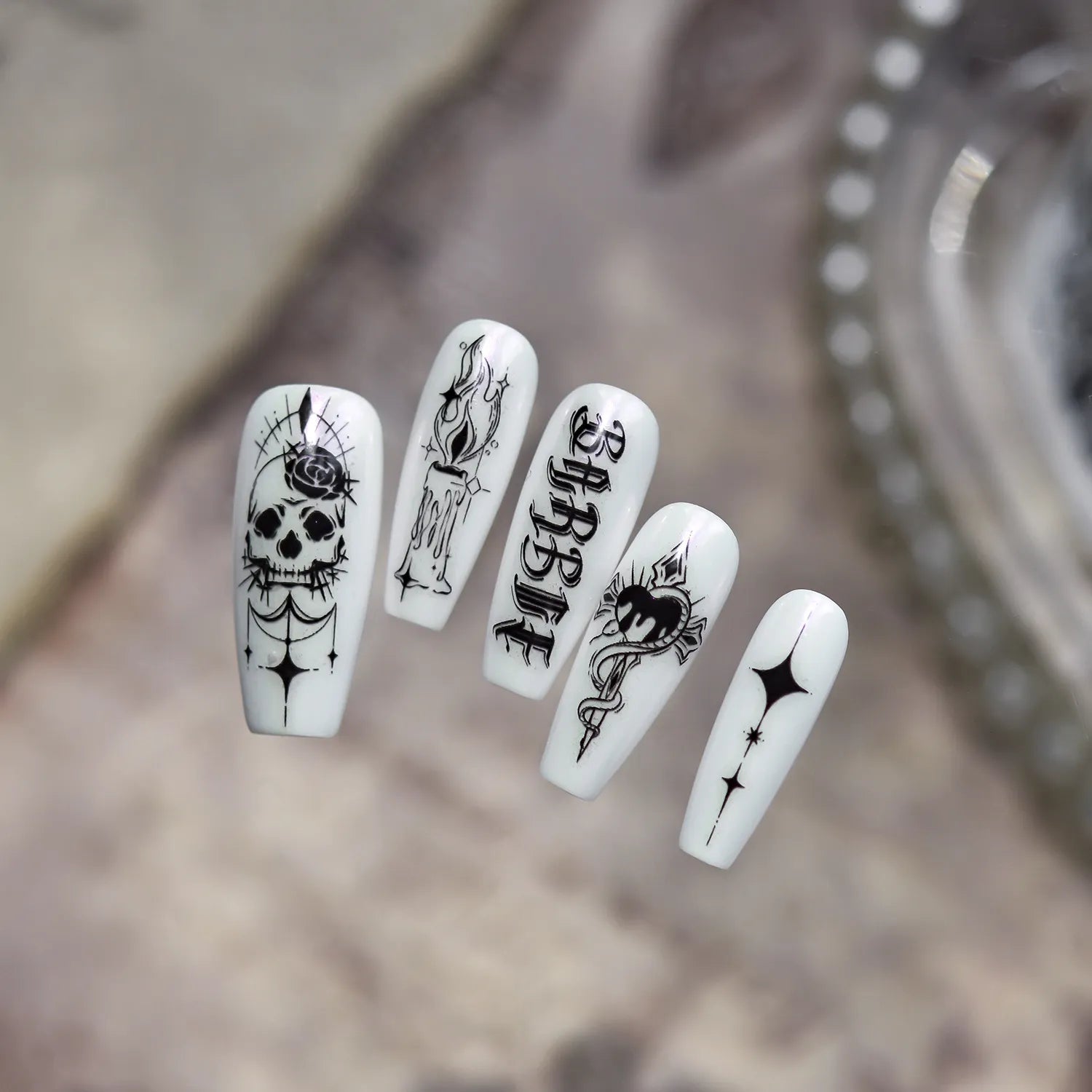Gothic Halloween Nail Art Stickers - Edgy Skull, Cross & Old English Font Decals