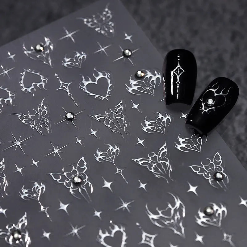 Gothic Punk Nail Art Stickers | Silver Flame Heart & Butterfly Decals TL195