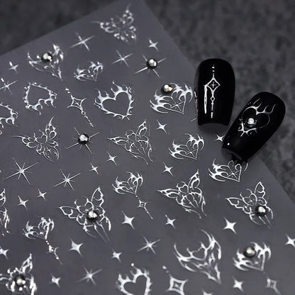 Gothic Punk Nail Art Stickers | Silver Flame Heart & Butterfly Decals TL195